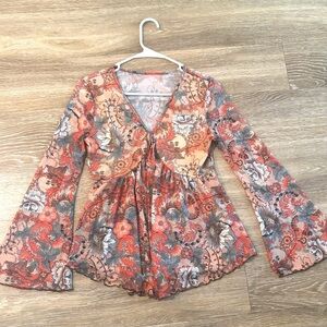 Y2K Boho Babydoll Floral Bell Sleeve Blouse S Peasant Top Retro Festival Hippie